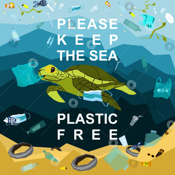 Скачать Не допускайте попадания морского пластика. Рыба в пластиковом пакете. Концептуальная иллюстрация о проблеме загрязнения мирового океана фотосток Ozero