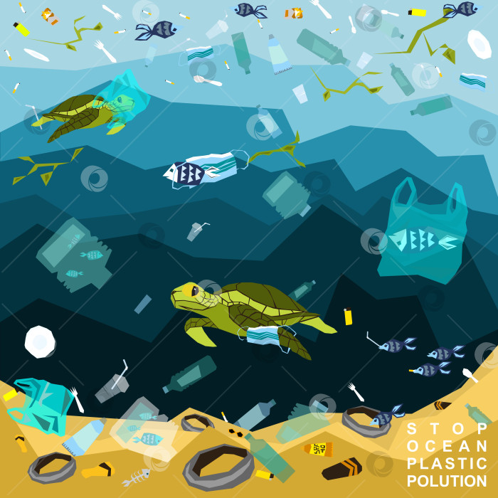 Скачать Остановите загрязнение океана пластиком. Пластик на дне океана. Концептуальная иллюстрация о проблеме загрязнения мирового океана фотосток Ozero