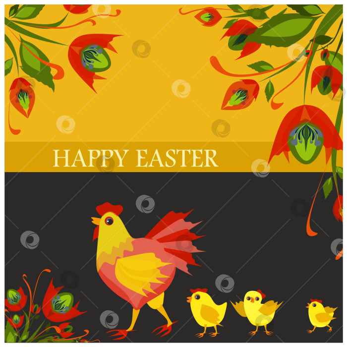 Скачать Изолированная векторная иллюстрация с милой курицей и тремя маленькими цыплятами с красными цветами вокруг фотосток Ozero