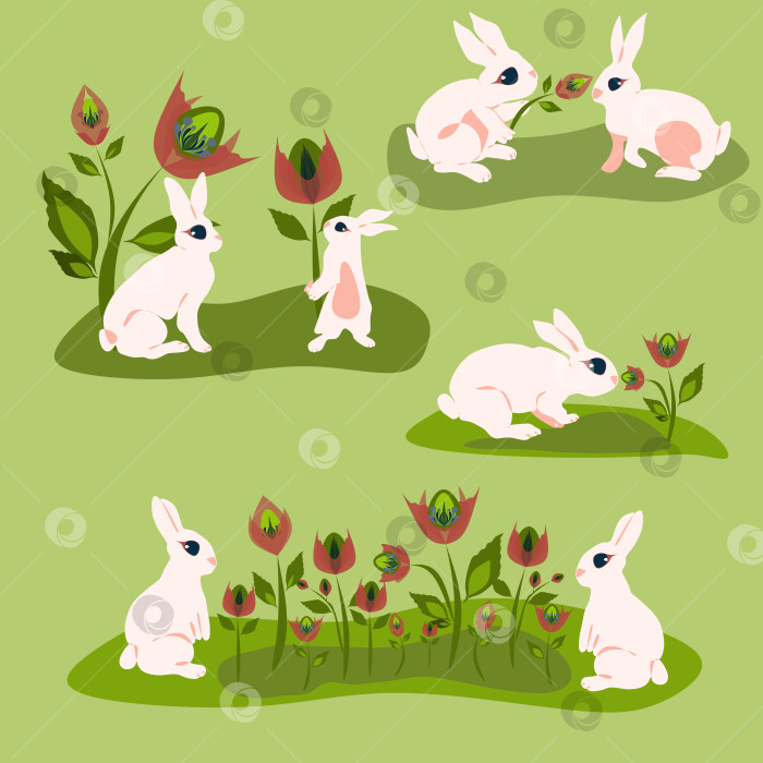 Скачать Пасхальный концептуальный дизайн, набор баннеров с кроликами, яйцами и цветком в пастельных тонах, изолированные векторные элементы фотосток Ozero