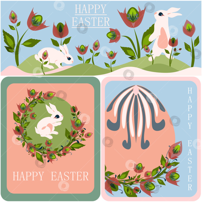 Скачать Дизайн "С праздником Пасхи" и "Здравствуй весна" с надписью для баннера, набор поздравительных открыток с изолированными векторными иллюстрациями деревьев фотосток Ozero