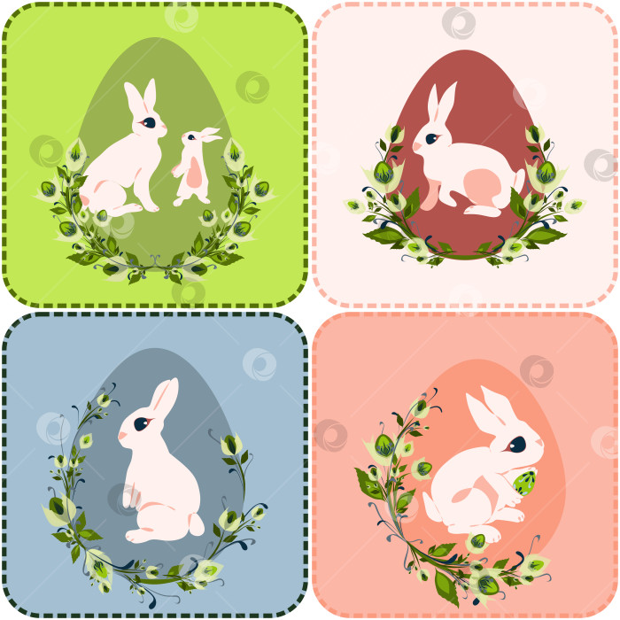 Скачать Четыре изолированные векторные поздравительные открытки с праздником Пасхи и Здравствуй весна с пасхальными кроликами фотосток Ozero