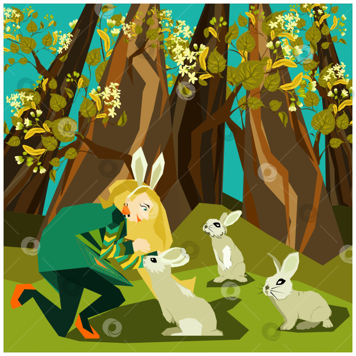 Скачать Симпатичная векторная иллюстрация. Девушка в стиле бохо в лесу гладит кроликов, крольчат фотосток Ozero