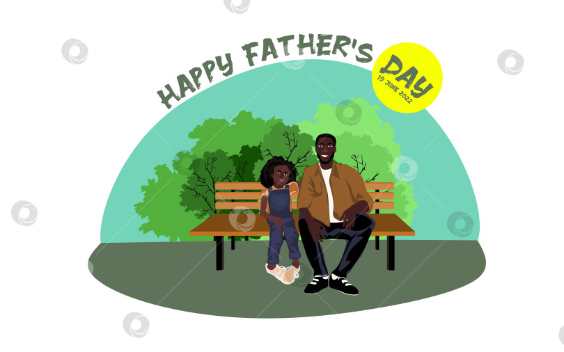 Скачать Счастливая афроамериканская семья сидит на скамейке в парке в солнечную погоду векторная иллюстрация фотосток Ozero