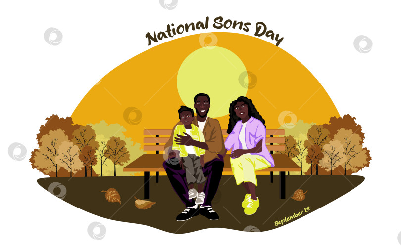 Скачать Счастливая афроамериканская семья сидит на скамейке в парке в солнечную погоду векторная иллюстрация фотосток Ozero