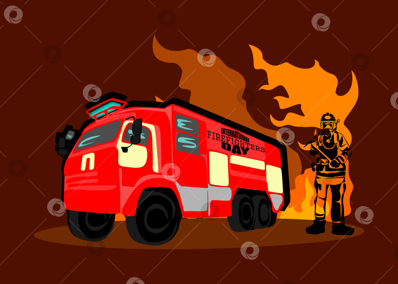 Скачать Векторная иллюстрация силуэта пожарного и пожарной машины в качестве баннера, плаката или шаблона для международного дня пожарных. фотосток Ozero