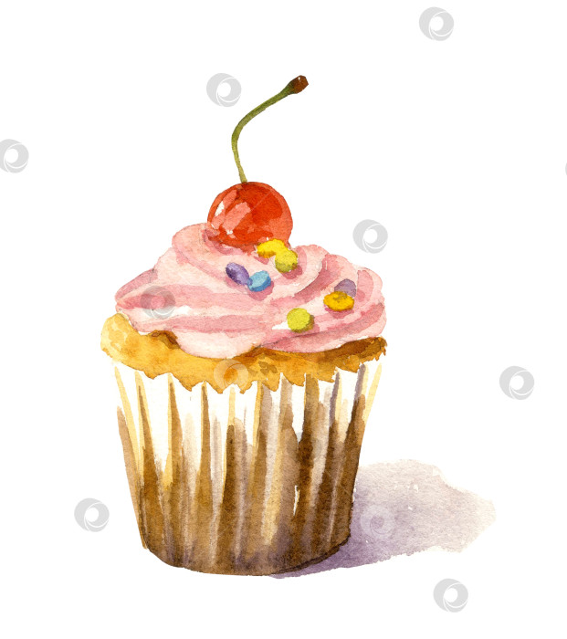 Скачать Акварельный вкусный кекс с розовым кремом и вишней. Нарисованная от руки иллюстрация, выделенная на белом фоне фотосток Ozero