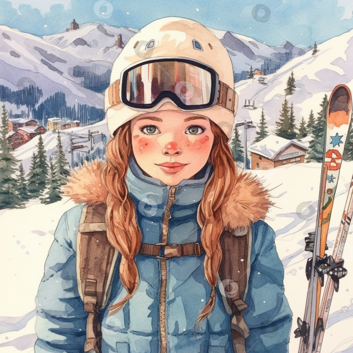 Скачать Винтажный мультяшный персонаж, девушка, катающаяся на лыжах зимой, милая женщина на открытке, путешествовать весело. фотосток Ozero