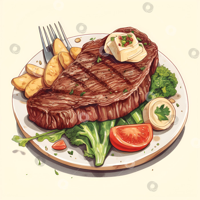 Скачать Стейк рибай, готовый к употреблению. Изолированная иллюстрация еды на белом фоне. Иллюстрация стейка для меню. Жареный бифштекс. Говяжье мясо на гриле. Адаптивный искусственный интеллект фотосток Ozero