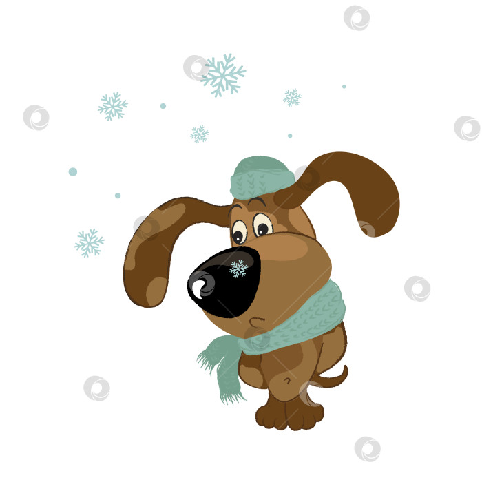 Скачать Грустная собака в шарфе и шапке со снежинкой на носу смотрит вниз. фотосток Ozero