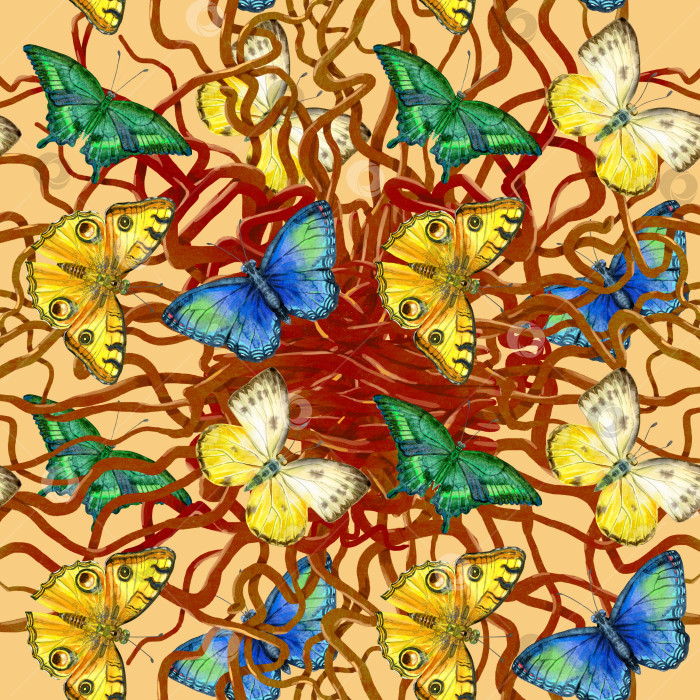 Скачать Бесшовный узор из цветочных листьев с разноцветными бабочками на желтом фоне фотосток Ozero