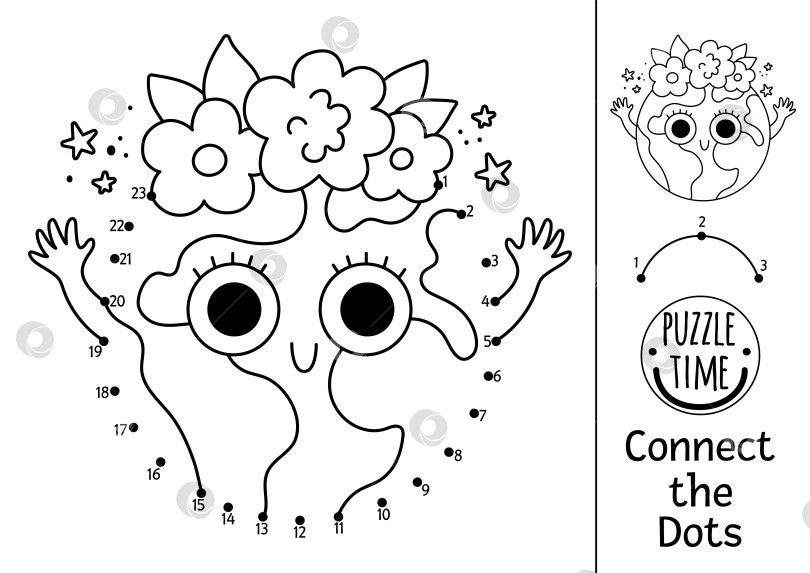 Скачать Векторная точечная и цветовая активность с милой планетой. Экологическая игра "Соедини точки" для детей с забавной землей. Раскраска для детей об экологической осведомленности. Печатаемый рабочий лист с цифрами фотосток Ozero