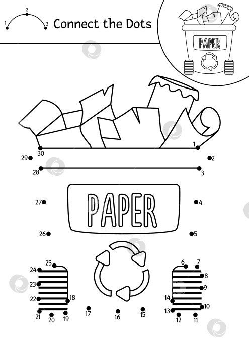 Скачать Векторная точечная и цветная активность с симпатичным контейнером для мусора с бумажным мусором. Экологическая игра "соедини точки". Раскраска для детей об экологической осведомленности. Печатаемый рабочий лист с цифрами фотосток Ozero