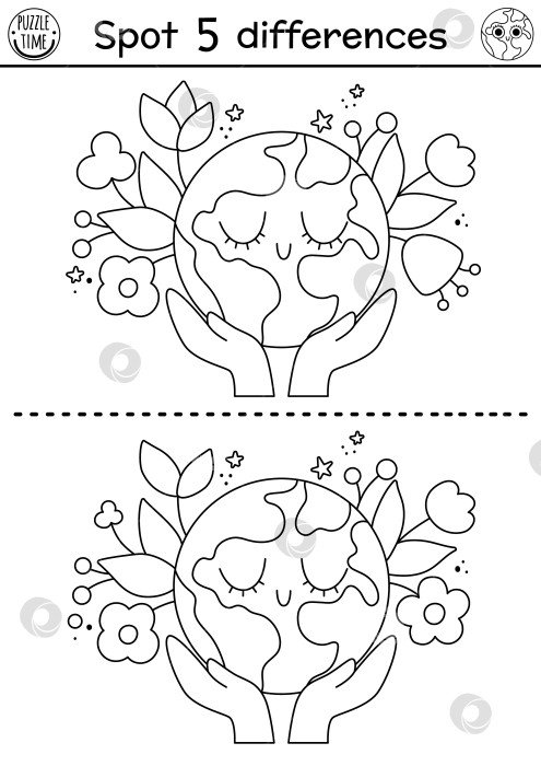Скачать Игра "Найди отличия". Экологическое черно-белое образовательное мероприятие с руками, держащими милую планету с цветами. Линейная головоломка "День Земли" для детей. Экологическая осведомленность или раскраска с нулевыми отходами для печати фотосток Ozero