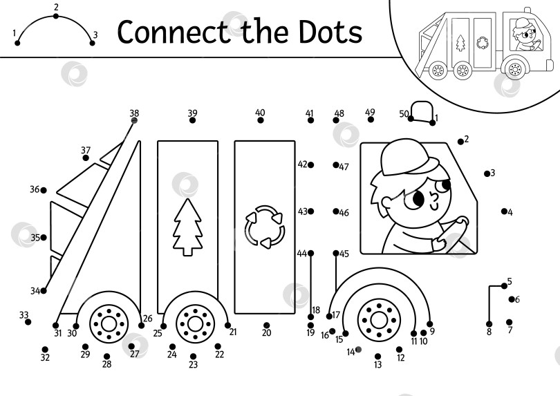 Скачать Векторная точечная и цветная активность с симпатичным мусоровозом. Экологическая игра "соедини точки" для детей. Раскраска для детей об экологической осведомленности. Печатаемый рабочий лист с цифрами фотосток Ozero