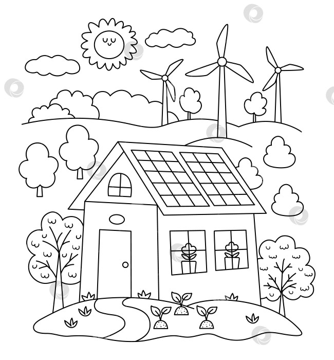 Скачать Векторная черно-белая сцена с эко-домом, ветряными турбинами, солнечными панелями. Концепция экологически чистой линии дома с деревьями. Иллюстрация экологической страны. Милый пейзаж дня Земли, раскраска фотосток Ozero