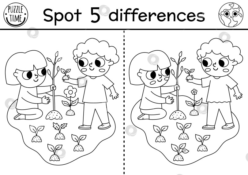 Скачать Игра "Найди отличия". Экологическое черно-белое образовательное мероприятие с милыми мальчиком и девочкой, сажающими дерево. Линейная головоломка "День Земли" для детей. Экологическая осведомленность или раскраска с нулевыми отходами для печати фотосток Ozero