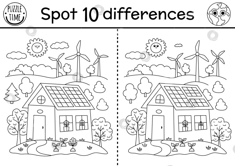 Скачать Игра "Найди отличия". Экологическое черно-белое образовательное мероприятие с милым эко-домиком, ветряными турбинами. Линейная головоломка "День Земли" для детей. Экологическая осведомленность или раскраска с нулевыми отходами для печати фотосток Ozero