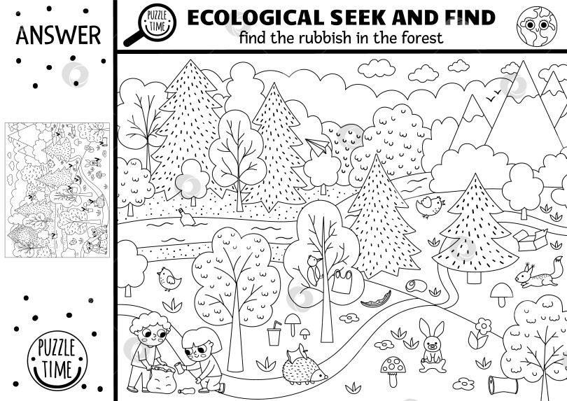 Скачать Векторная черно-белая экологическая поисковая игра с лесным пейзажем, мусором. Найдите скрытый мусор на картинке. Ноль отходов ищите и находите образовательную деятельность, пригодную для печати. Раскраска "День Земли" фотосток Ozero