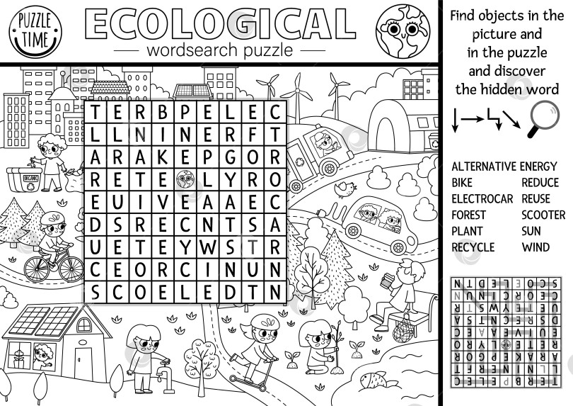 Скачать Векторная экологическая головоломка для поиска слов для детей. Черно-белая викторина по поиску слов в день Земли с экологическим городским пейзажем. Деятельность по линии экологического просвещения. Дружественное к окружающей среде перекрестное слово, раскраска фотосток Ozero