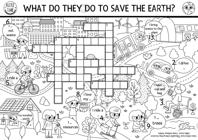 Скачать Векторный экологический кроссворд для детей. Черно-белая викторина на день Земли с пейзажем эко-города. Образовательная линия по экологическому просвещению или раскраска. Симпатичное, дружественное к окружающей среде перекрестное слово фотосток Ozero