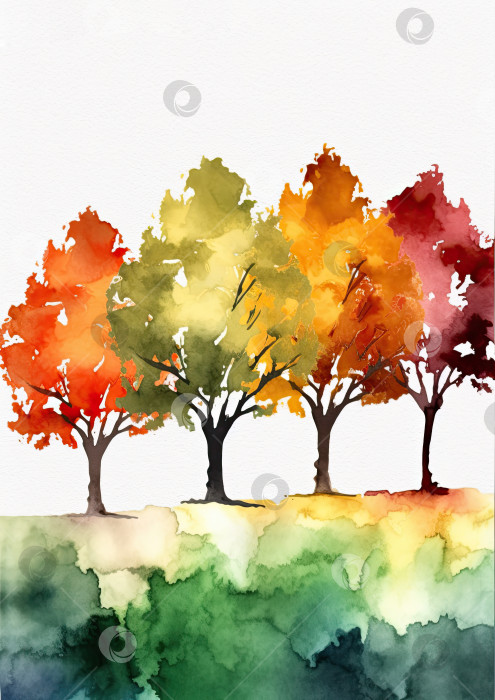 Скачать Рисуем падающие деревья в ряд. Осенний акварельный пейзаж. Генеративный искусственный интеллект. фотосток Ozero