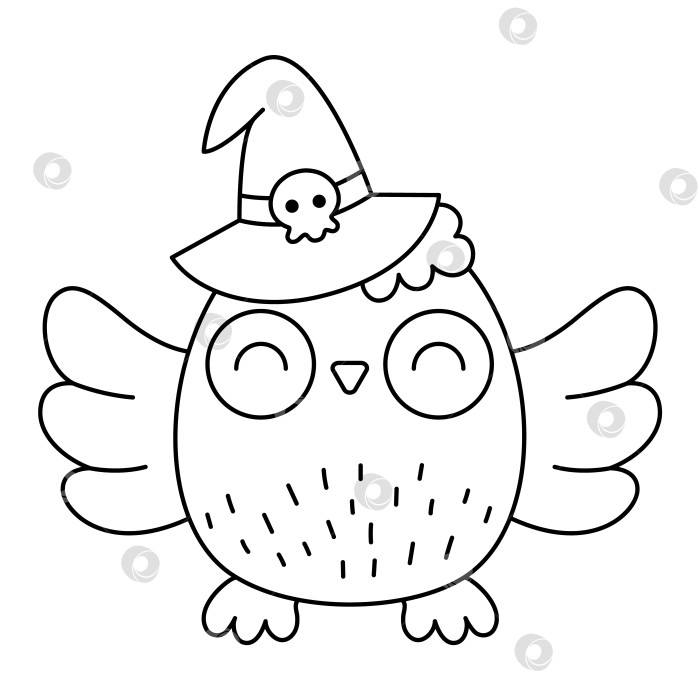 Скачать Векторная черно-белая кавайная сова в шляпе ведьмы. Милый улыбающийся персонаж линии Хэллоуина для детей. Осенняя иллюстрация мультяшной птицы в день всех святых с расправленными крыльями. Раскраска для вечеринки в честь Самайна фотосток Ozero