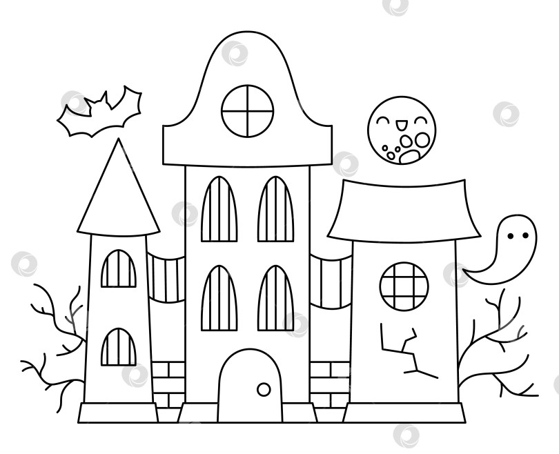 Скачать Векторный черно-белый кавайный дом с привидениями. Симпатичное здание на Хэллоуин для детей. Забавная иллюстрация осенней страшной линии. Раскраска "Жуткий коттедж на вечеринку Самайн" с луной, призраком фотосток Ozero