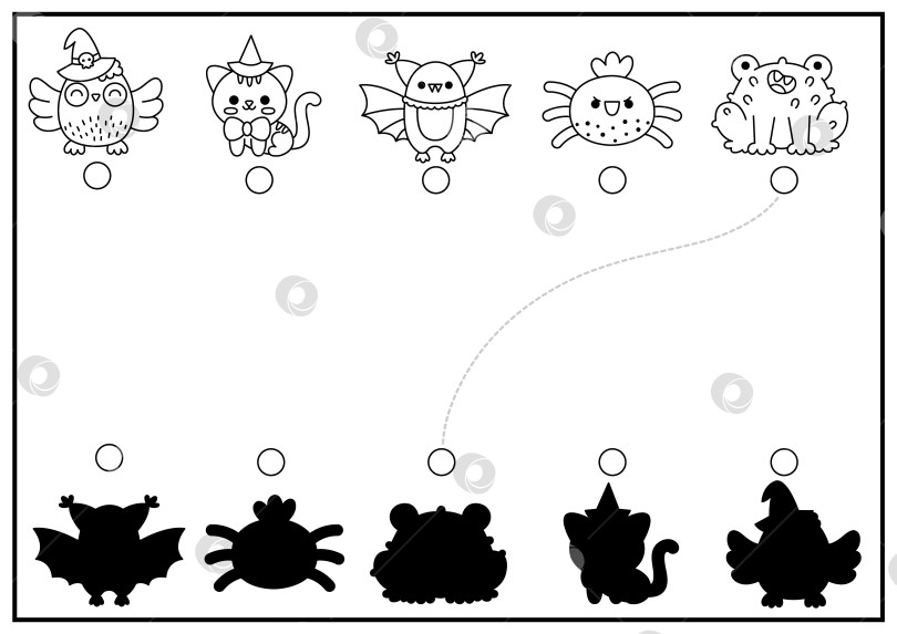 Скачать Занятие по подбору черно-белых теней на Хэллоуин. Осенняя праздничная головоломка с милыми кавайными животными. Найдите правильный лист для печати силуэта. Раскраска "Сделай сам или угощай" для детей с кошкой, совой фотосток Ozero