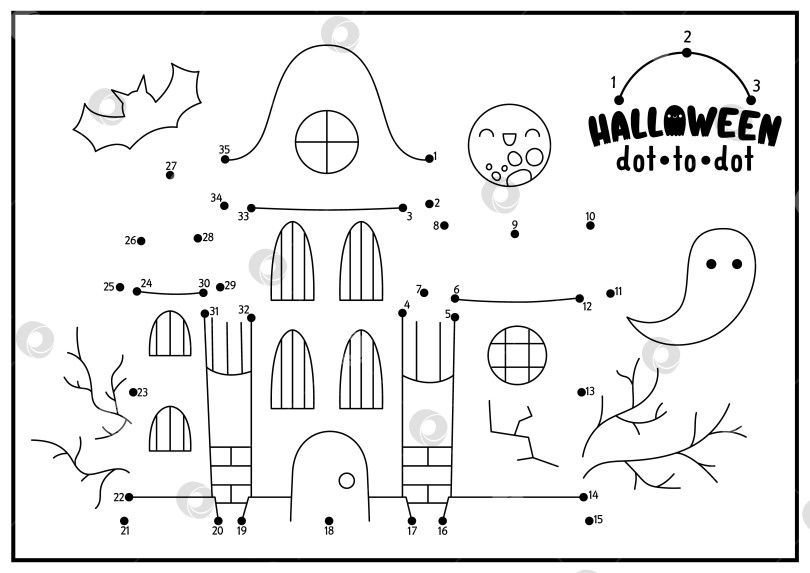 Скачать Векторный Хэллоуин от точки к точке и цветовая активность с милым кавайным домом с привидениями. Осенний праздник - игра "соедини точки" для детей. Раскраска для детей на день всех святых. Рабочий лист для печати фотосток Ozero