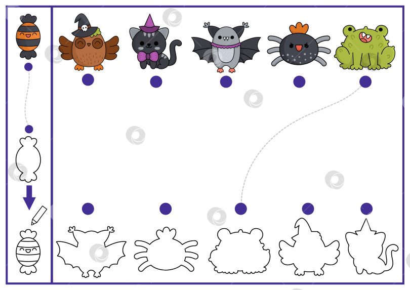 Скачать Подбор формы на Хэллоуин, раскрашивание и рисование. Пазл для осенних праздников с милой кавайной совой, летучей мышью, кошкой, лягушкой, пауком. Найдите правильный лист для печати силуэта. Страница дня всех святых для детей фотосток Ozero