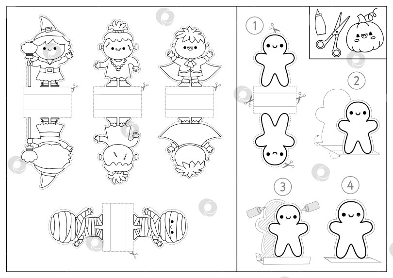 Скачать Векторный черно-белый набор бумажных кукол на Хэллоуин. Милые пальчиковые куклы или фишки с ведьмой, вампиром, монстром. Осенью или на осенний праздник вырежьте поделочные открытки. Простая игра для печати или раскраска фотосток Ozero
