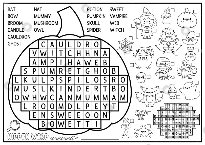 Скачать Векторная черно-белая головоломка для поиска слов в форме тыквы на Хэллоуин для детей. Осенняя праздничная викторина для детей. Образовательное мероприятие с символикой каваи. Страница-раскраска кроссвордов на английском языке фотосток Ozero