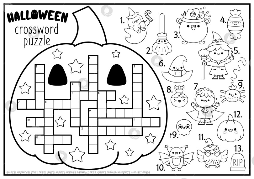Скачать Векторный черно-белый кроссворд в форме тыквы на Хэллоуин для детей. Осенняя праздничная викторина для детей. Образовательное мероприятие с символикой каваи. Страница-раскраска кроссвордов на английском языке фотосток Ozero