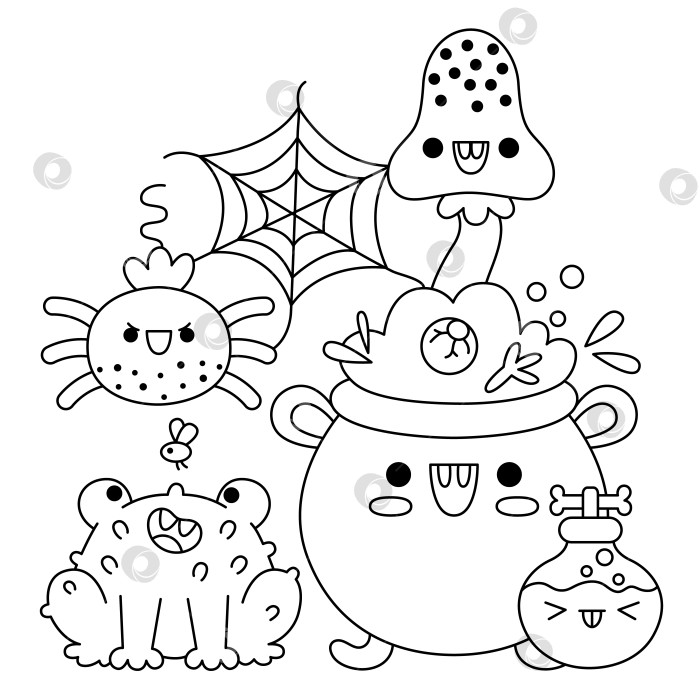 Скачать Векторный черно-белый кавайный котел с лягушкой, зельем, грибом, пауком. Симпатичная сцена на Хэллоуин. Иллюстрация ко дню всех святых. Веселая раскраска для вечеринки с трюками и угощениями для детей фотосток Ozero