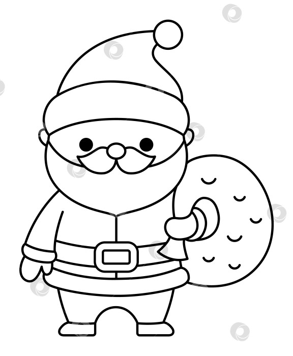 Скачать Векторный черно-белый кавайный Санта-Клаус с мешком. Симпатичная иллюстрация Деда Мороза, выделенная на белом фоне. Рождественский, зимний или новогодний персонаж с сумкой. Забавный значок линии или страница-раскраска фотосток Ozero