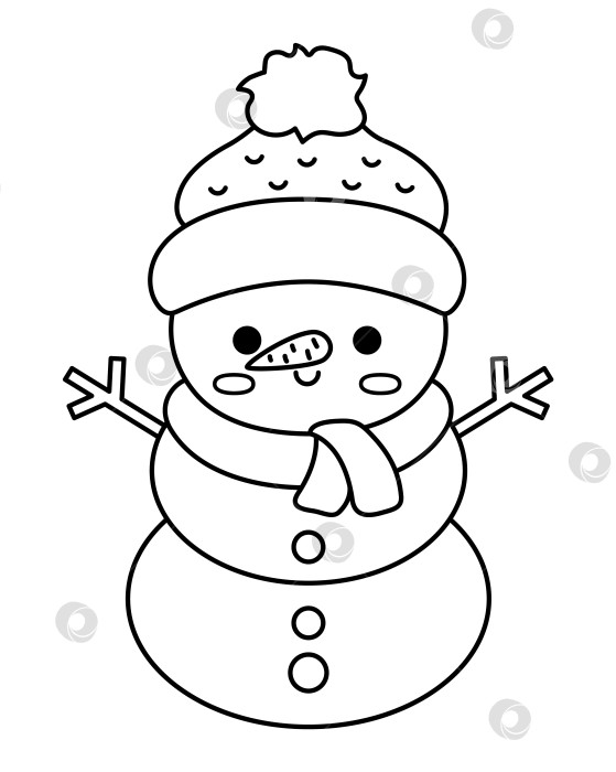 Скачать Векторный черно-белый кавайный снеговик в шляпе и шарфе. Симпатичная иллюстрация рождественского персонажа, изолированная на белом фоне. Новый год или зима, улыбающийся снежный человек. Забавный значок линии, раскраска фотосток Ozero