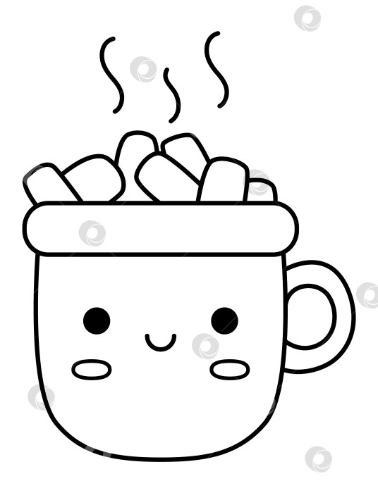 Скачать Векторная черно-белая кавайная чашка какао с зефиром. Симпатичная иллюстрация персонажа рождественской кружки, выделенная на белом фоне. Новогодняя или зимняя улыбающаяся посуда. Забавный значок линии, раскраска фотосток Ozero
