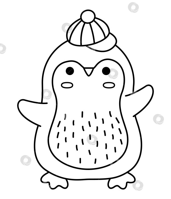 Скачать Векторный черно-белый кавайный пингвин в шляпе. Симпатичная иллюстрация рождественского персонажа-животного, изолированная на белом фоне. Новогодняя или зимняя улыбающаяся птица. Забавный значок линии, раскраска фотосток Ozero