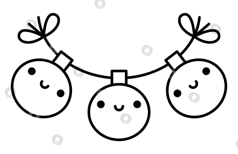 Скачать Векторные черно-белые кавайные колокольчики. Симпатичная иллюстрация персонажа рождественского орнамента, изолированная на белом фоне. Новогоднее или зимнее улыбающееся украшение елки. Забавный значок линии, раскраска фотосток Ozero