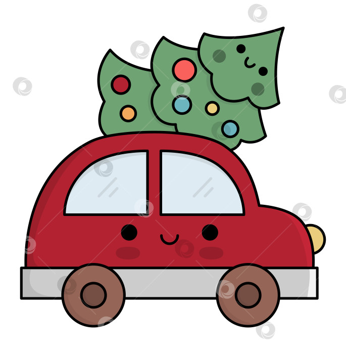 Скачать Векторный цветной кавайный автомобиль с рождественской елкой. Симпатичная иллюстрация зимнего автомобиля, изолированная на белом фоне. Новогодний транспорт с украшенной елкой. Забавная мультяшная праздничная иконка фотосток Ozero