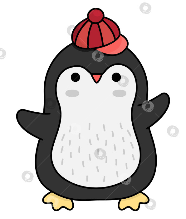 Скачать Векторный цветной кавайный пингвин в шляпе. Симпатичная иллюстрация рождественского персонажа-животного, изолированная на белом фоне. Новогодняя или зимняя улыбающаяся птица. Забавная мультяшная праздничная иконка фотосток Ozero