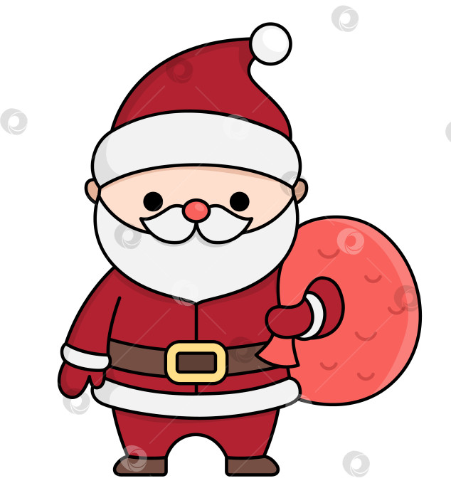 Скачать Векторный цветной кавайный Санта-Клаус с мешком. Симпатичная иллюстрация Деда Мороза, изолированная на белом фоне. Рождественский, зимний или новогодний персонаж с сумкой. Забавная мультяшная праздничная иконка фотосток Ozero