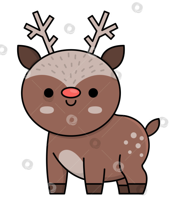 Скачать Векторный цветной кавайный олень. Симпатичная иллюстрация рождественского персонажа-животного, изолированная на белом фоне. Новый год или зима, улыбающийся маленький олень. Забавная мультяшная праздничная иконка фотосток Ozero