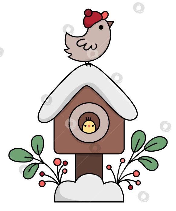 Скачать Векторный цветной кавайный птичий домик со снегом, птицей, ветками. Симпатичная иллюстрация рождественского домика скворца, изолированная на белом фоне. Новогодняя или зимняя мультяшная праздничная иконка фотосток Ozero