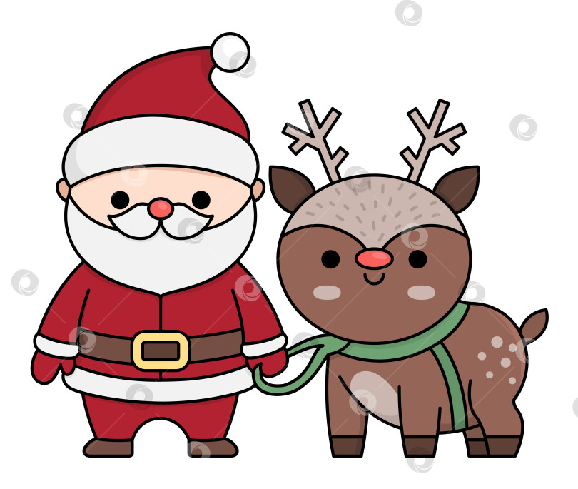 Скачать Векторный цветной кавайный Санта-Клаус с оленем. Симпатичная иллюстрация Деда Мороза, выделенная на белом фоне. Рождественский, зимний или новогодний персонаж с северным оленем. Забавная мультяшная праздничная иконка фотосток Ozero