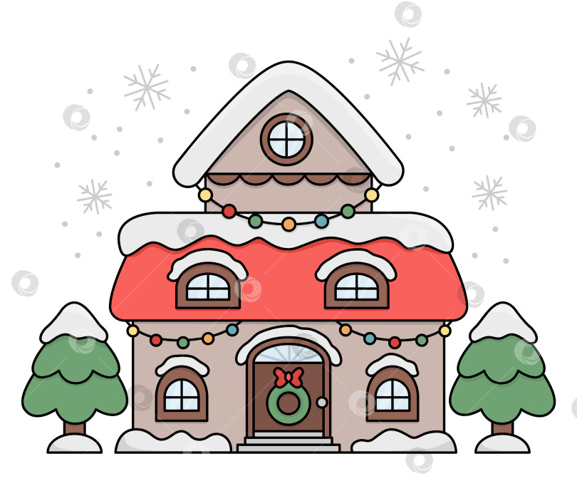 Скачать Векторный цветной мультфильм украсил дом снегом, гирляндами, снежинками. Симпатичная иллюстрация рождественского дома, изолированная на белом фоне. Новогодняя или зимняя мультяшная праздничная иконка фотосток Ozero