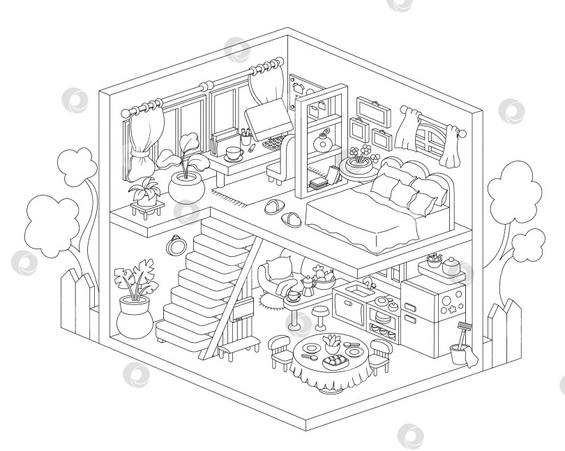 Скачать Векторный изометрический 3d интерьер дома. Симпатичная линейная домашняя иллюстрация с офисом, спальней, гостиной, кухней. Черно-белый рисунок мультяшных комнат. Раскраска милого здания фотосток Ozero