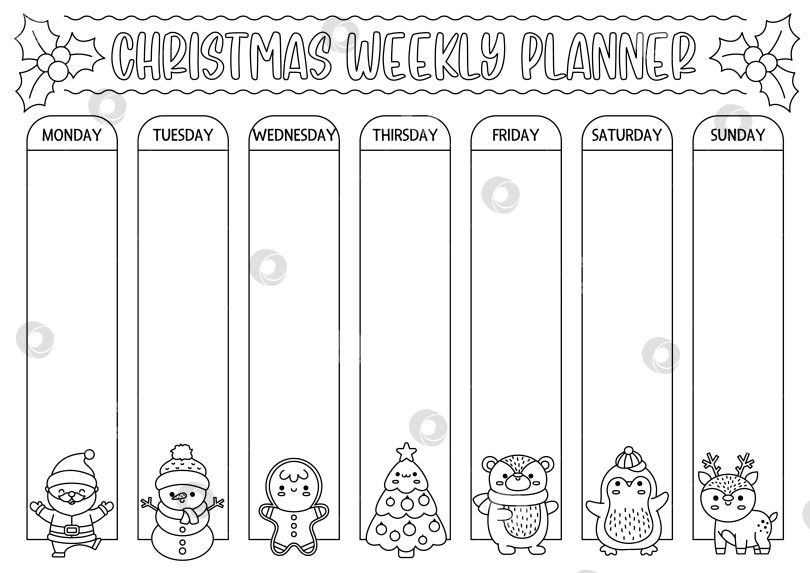 Скачать Векторный черно-белый рождественский еженедельник с традиционными праздничными символами. Симпатичный календарь зимней линейки, расписание для детей. Новогодняя раскраска с милым кавайным Санта-Клаусом, снеговиком фотосток Ozero