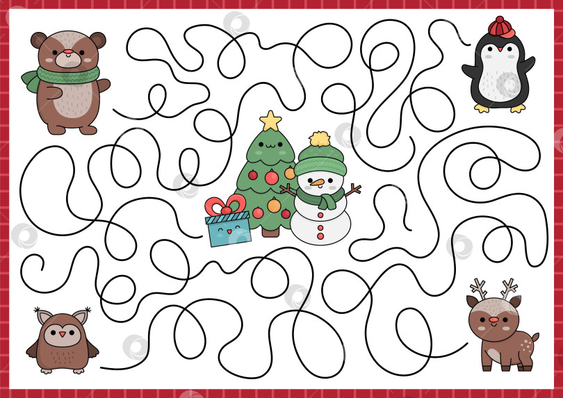 Скачать Рождественский лабиринт для детей. Занятие для дошкольников на зимних каникулах с изображением милого кавайного оленя, пингвина, медведя, совы, ели, снеговика. Новогодняя игра-лабиринт или головоломка с милыми персонажами фотосток Ozero